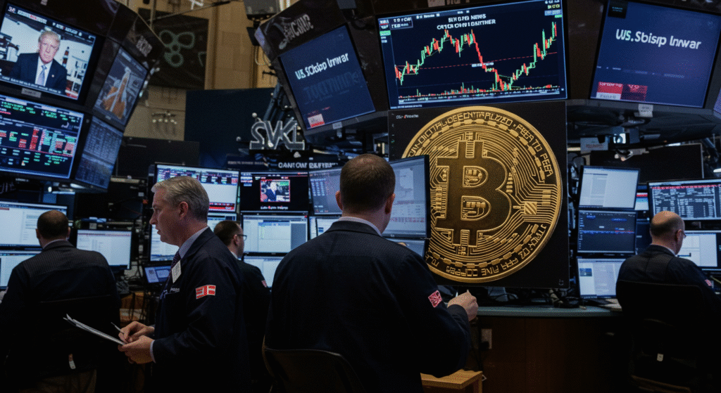 Imagem de uma corretora de valores cheia de monitores exibindo gráficos e dados financeiros. No centro, há uma representação física de uma moeda de Bitcoin. Operadores trabalham focados em suas telas.