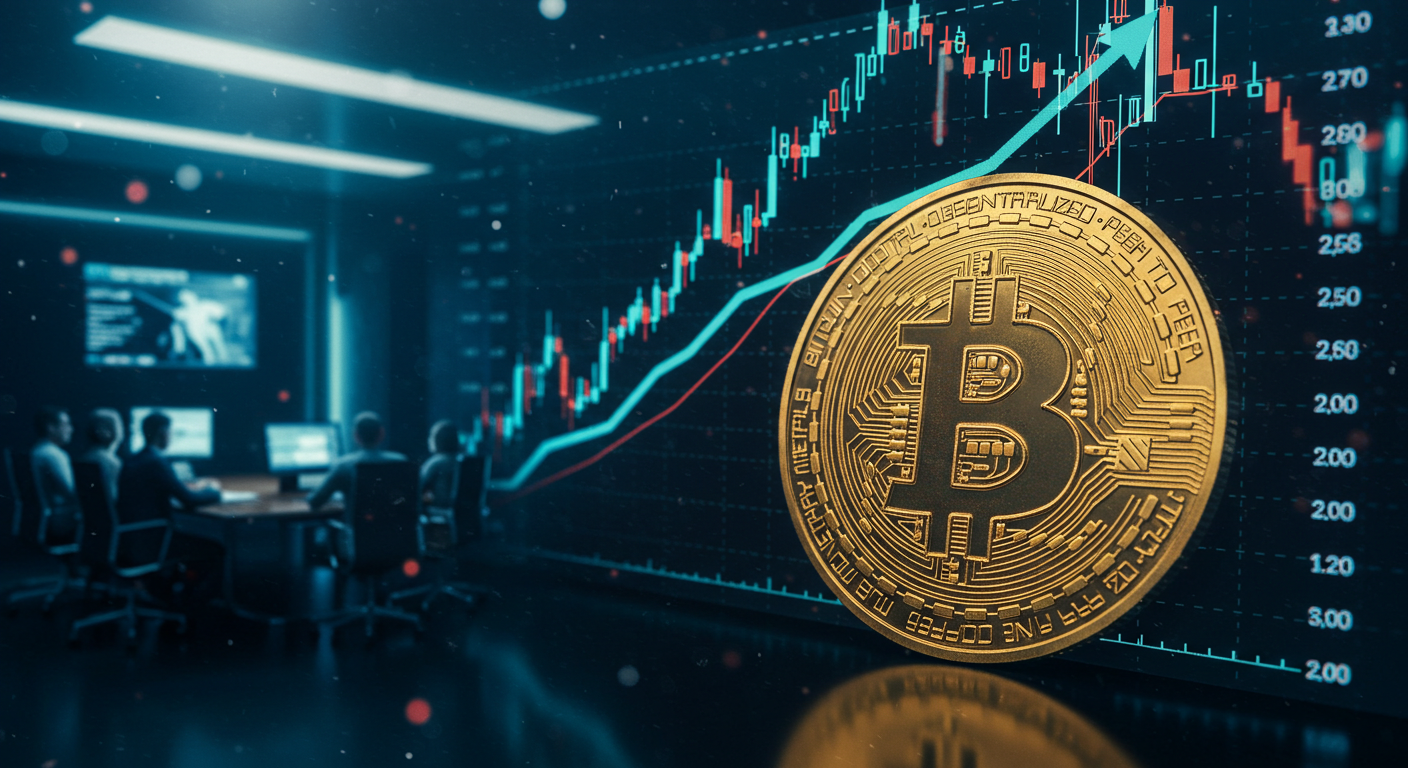 Imagem de uma moeda física de Bitcoin em destaque, à frente de um gráfico de mercado financeiro com linhas de tendência em alta. Ao fundo, um grupo de pessoas trabalha em computadores analisando dados.