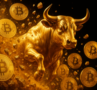 Touro dourado em 3D avançando no meio de pedras e moedas de Bitcoin douradas, com fundo preto destacando os elementos brilhantes.