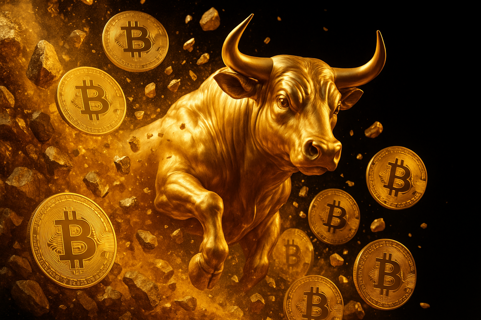 Touro dourado em 3D avançando no meio de pedras e moedas de Bitcoin douradas, com fundo preto destacando os elementos brilhantes.