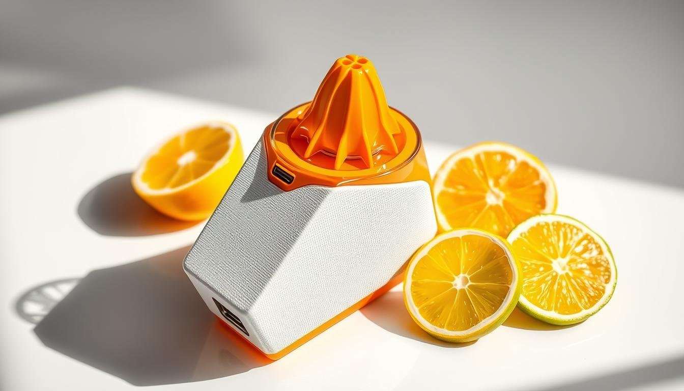 Espremedor de frutas elétrico laranja com entrada USB, cercado por metades de laranjas e limões sobre uma superfície branca iluminada.