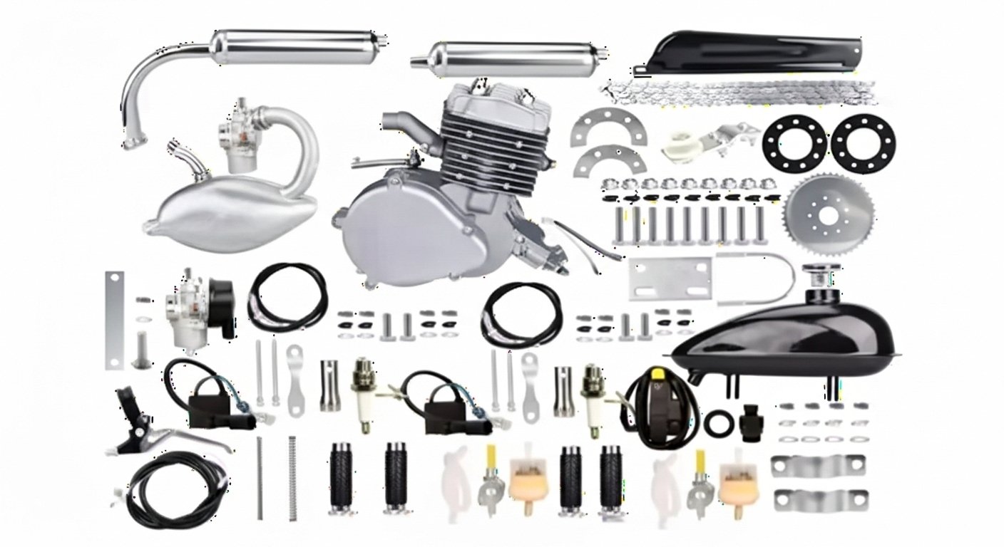 Kit completo de peças para motor de bicicleta, incluindo motor, tanque de combustível, escapamento, carburador, cabos, velas, corrente, engrenagens, pedais e diversos parafusos e suportes organizados de forma ordenada sobre uma superfície branca.