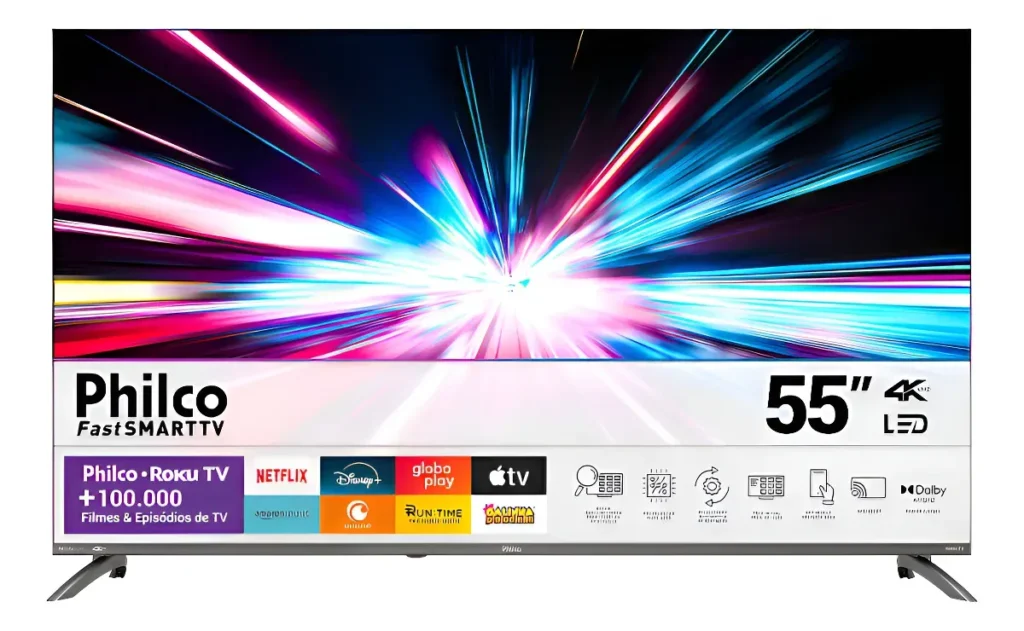 "TV Philco FastSMARTTV 55 polegadas 4K LED com acesso a Netflix, Disney+, globoplay, Apple TV e mais de 100.000 filmes e episódios."