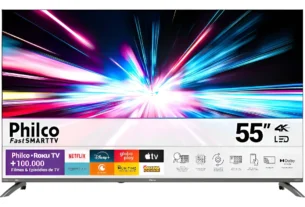 "TV Philco FastSMARTTV 55 polegadas 4K LED com acesso a Netflix, Disney+, globoplay, Apple TV e mais de 100.000 filmes e episódios."