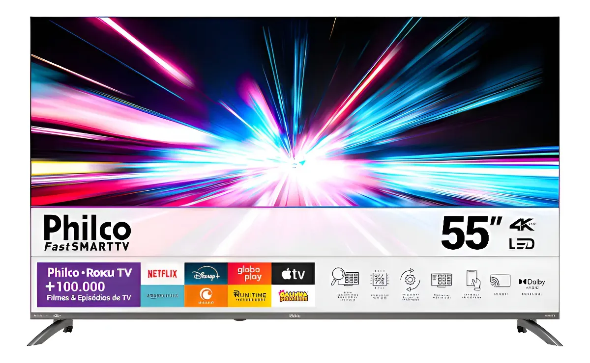 "TV Philco FastSMARTTV 55 polegadas 4K LED com acesso a Netflix, Disney+, globoplay, Apple TV e mais de 100.000 filmes e episódios."