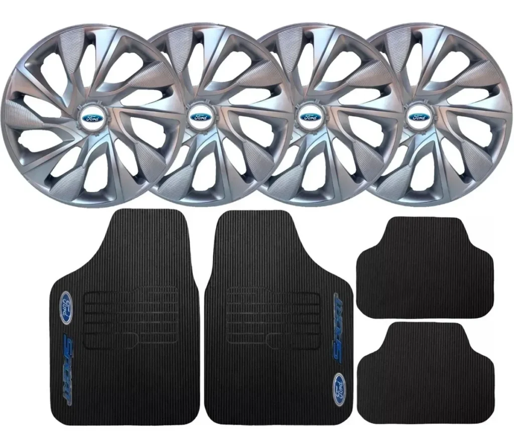 "Conjunto de quatro capas de roda prateadas e tapetes de borracha para Ford, com logotipos da marca."