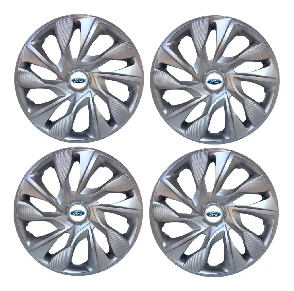 "Conjunto de quatro capas de roda prateadas para Ford, com design esportivo e logotipo da marca em destaque."