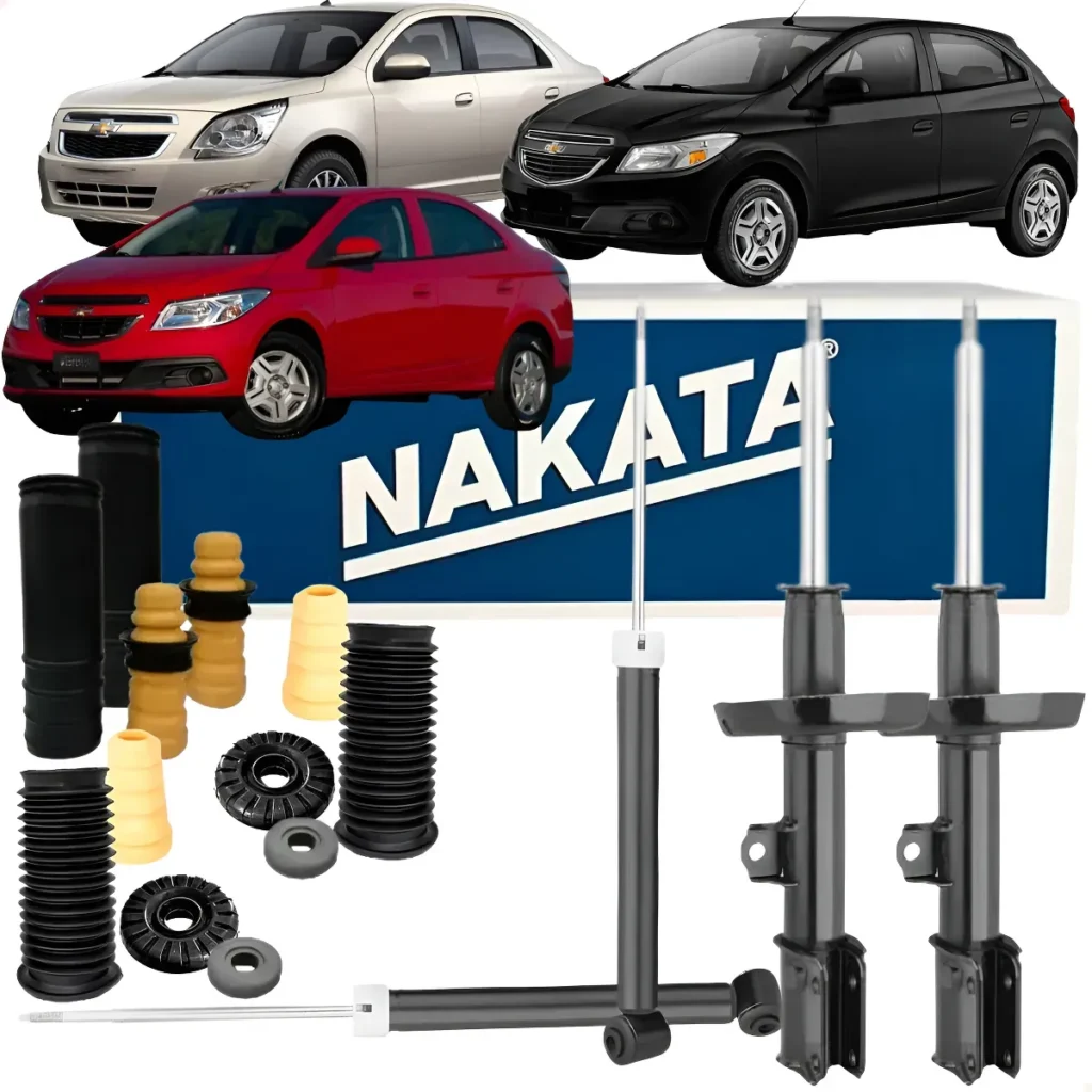 "Kit de suspensão Nakata para Chevrolet, incluindo amortecedores traseiros, coxins, batentes e demais componentes para manutenção automotiva."
