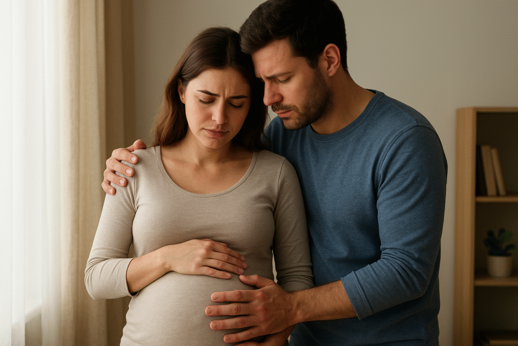 "Casal grávido em momento íntimo de apoio emocional, com o parceiro abraçando e apoiando a barriga da gestante."