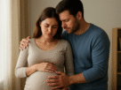 "Casal grávido em momento íntimo de apoio emocional, com o parceiro abraçando e apoiando a barriga da gestante."