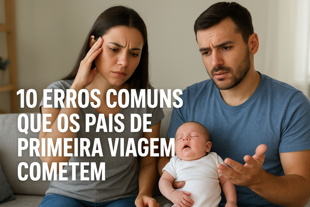 "Pais de primeira viagem preocupados com bebê chorando no colo, destacando erros comuns que cometem."