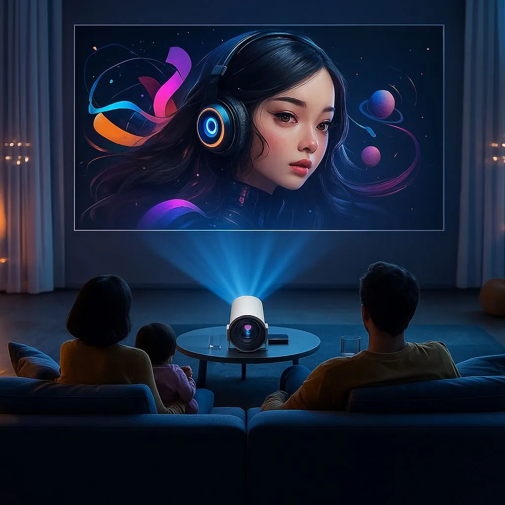 "Família assistindo a uma projeção de imagem em um projetor portátil na sala de estar, com ilustração colorida na tela."