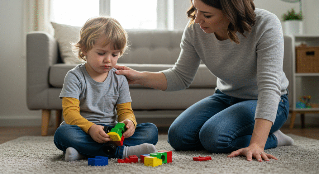 "Mãe apoiando filho pequeno brincando com blocos de montar coloridos no chão da sala de estar."