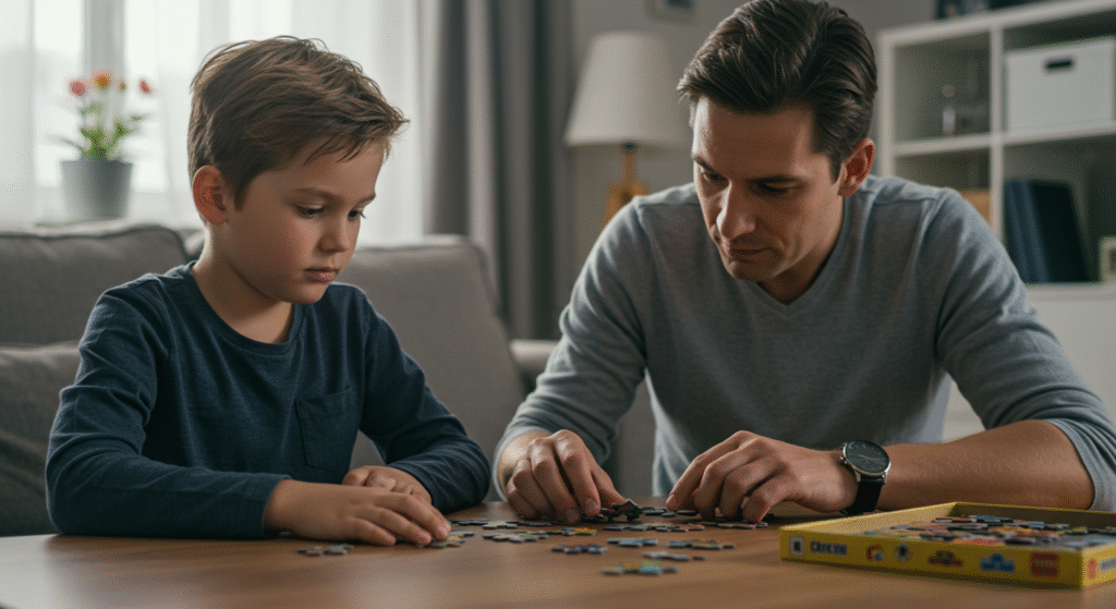 "Pai e filho montando quebra-cabeça juntos na mesa da sala, demonstrando interação e aprendizado em família."