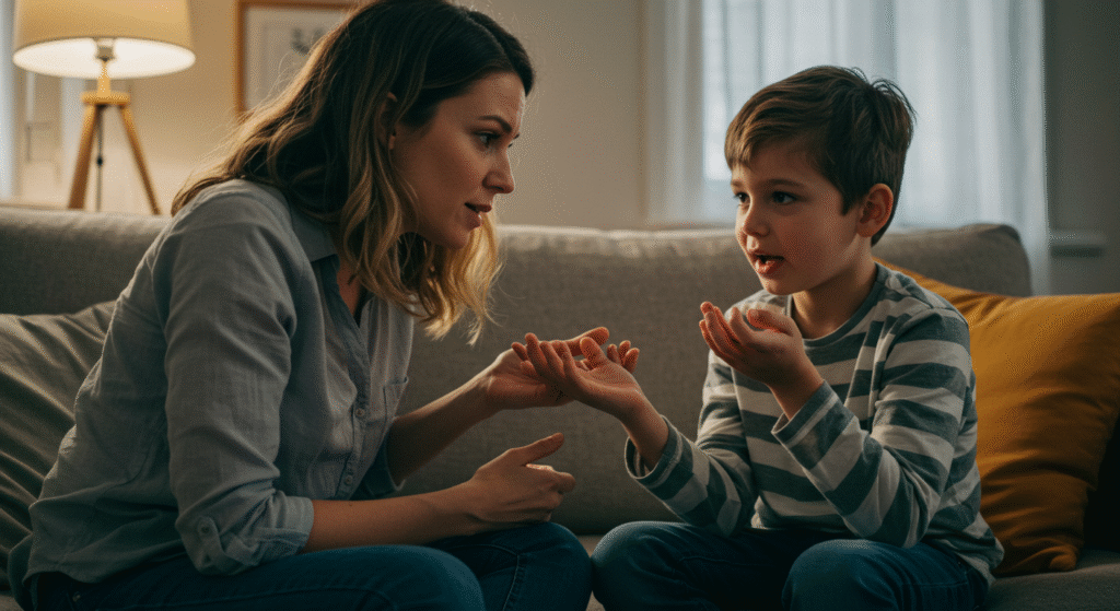 "Mãe conversando com filho sentado no sofá, demonstrando comunicação e interação familiar atenciosa."