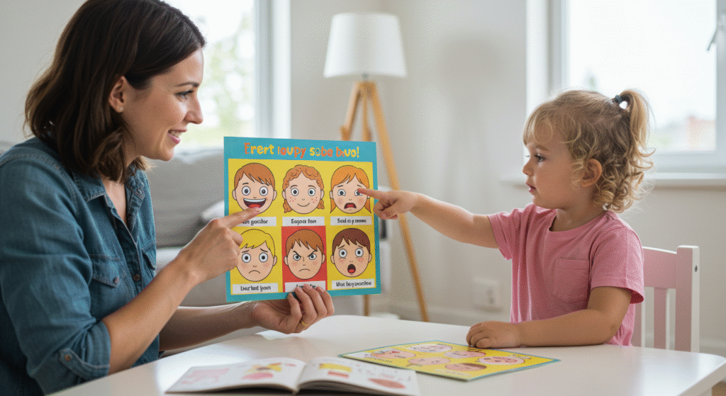 "Mãe ensinando filha sobre emoções usando cartões ilustrados com expressões faciais em uma mesa em casa."