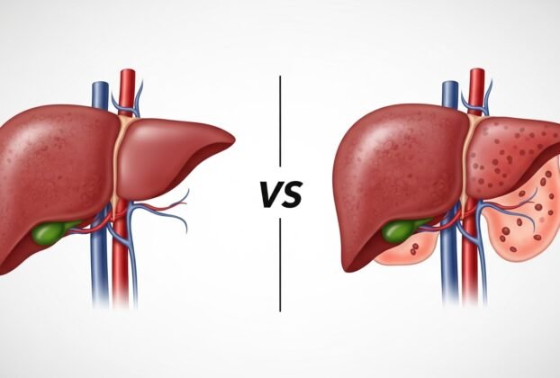 "Ilustração comparativa de um fígado saudável versus um fígado com gordura (esteatose hepática)."