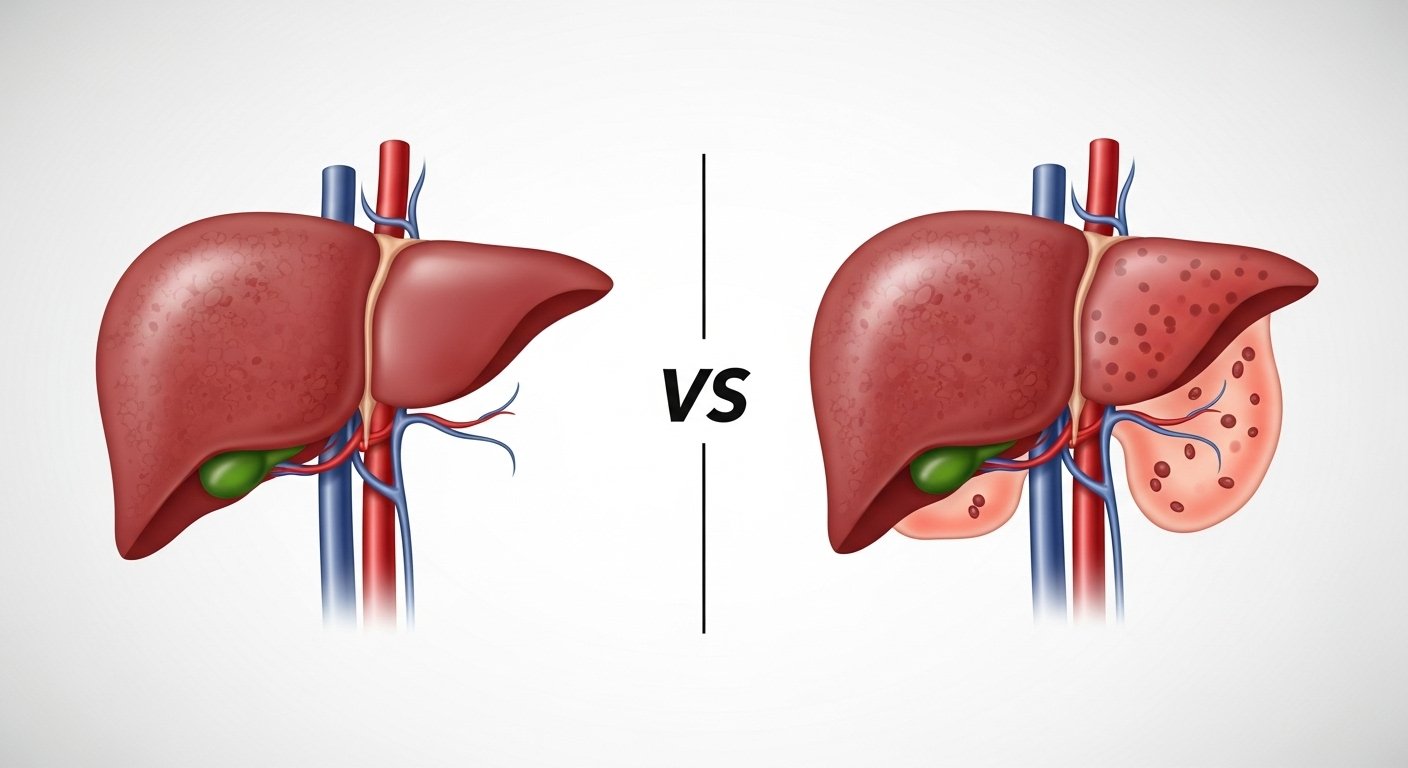 "Ilustração comparativa de um fígado saudável versus um fígado com gordura (esteatose hepática)."