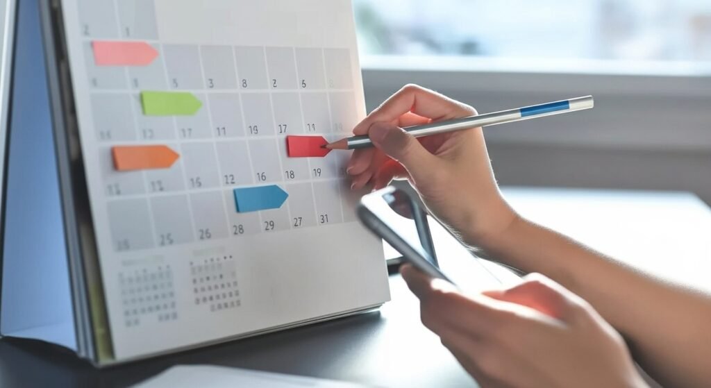 "Pessoa marcando datas em um calendário de mesa com caneta e adesivos coloridos para organização de tarefas."