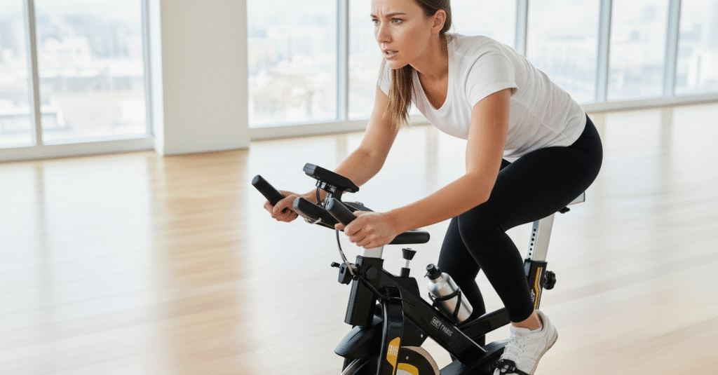 Mulher atlética usando roupa esportiva branca e preta pedalando em bicicleta spinning preta e dourada WCT Fitness em ambiente iluminado com janelas amplas, segurando celular durante treino indoor