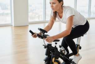 Mulher atlética usando roupa esportiva branca e preta pedalando em bicicleta spinning preta e dourada WCT Fitness em ambiente iluminado com janelas amplas, segurando celular durante treino indoor