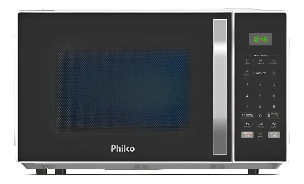"Micro-ondas Philco com painel digital e display de tempo, ideal para cozinha moderna e prática."
