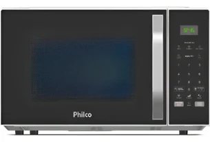 "Micro-ondas Philco com painel digital e display de tempo, ideal para cozinha moderna e prática."