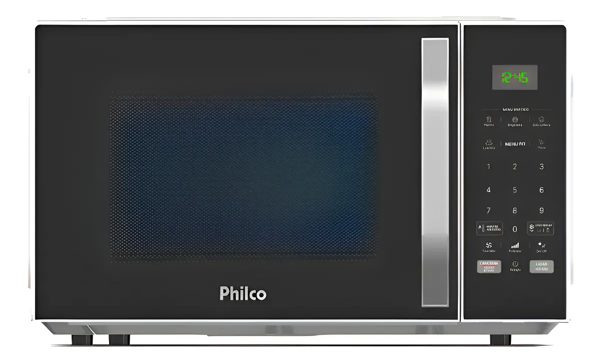 "Micro-ondas Philco com painel digital e display de tempo, ideal para cozinha moderna e prática."