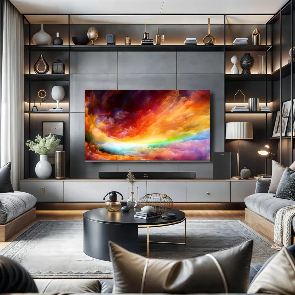 "Sala de estar moderna com TV de tela grande em parede decorada, sofás confortáveis, mesa de centro e iluminação aconchegante."