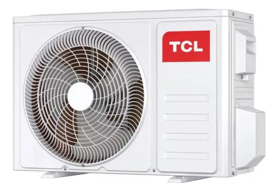 "Unidade externa de ar-condicionado TCL, destacando a ventilação e o logo da marca."