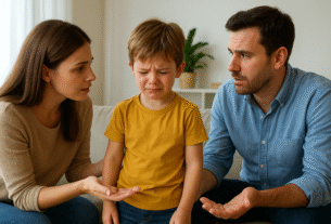 "Pais conversando com filho choramingando no sofá, demonstrando diálogo e educação emocional em família."