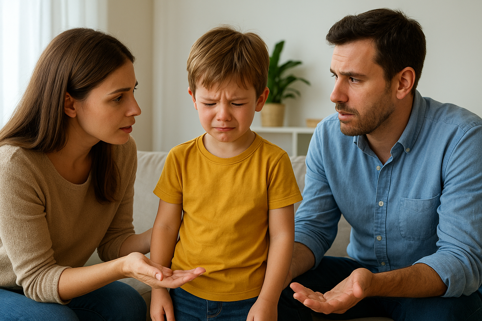 "Pais conversando com filho choramingando no sofá, demonstrando diálogo e educação emocional em família."