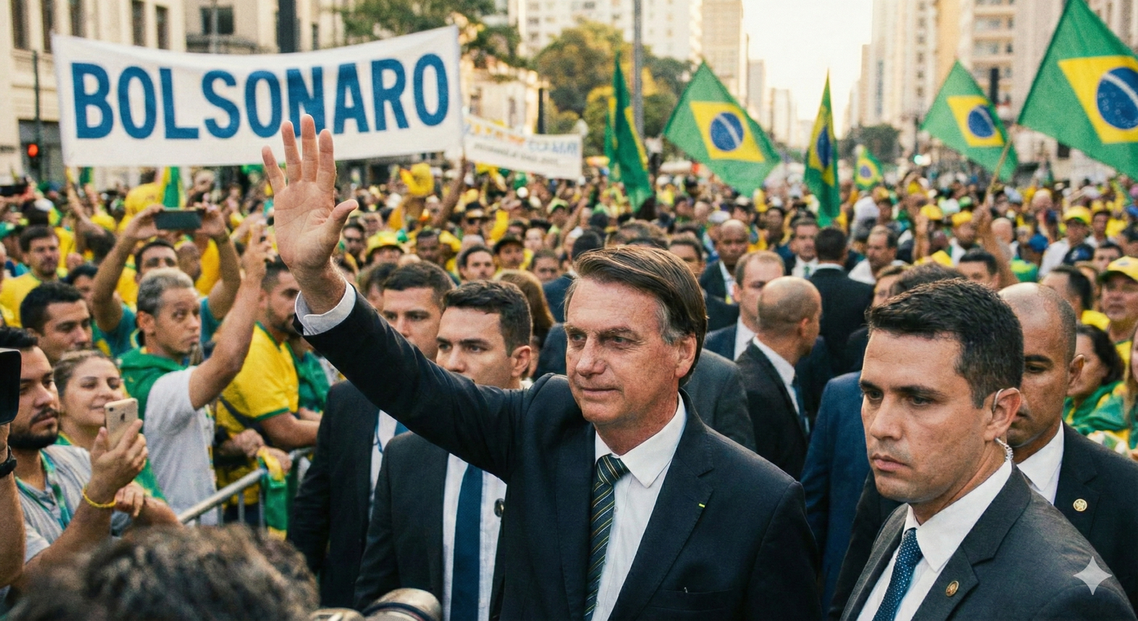 Jair Bolsonaro acenando para a multidão em manifestação com bandeiras do Brasil e cartazes com a palavra 'Bolsonaro' em destaque."