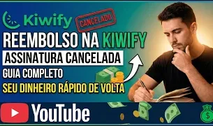 "Thumbnail de vídeo do YouTube: 'Reembolso na Kiwify - Assinatura Cancelada, Guia Completo para Seu Dinheiro Rápido de Volta' com homem pensativo e ícone de dinheiro."