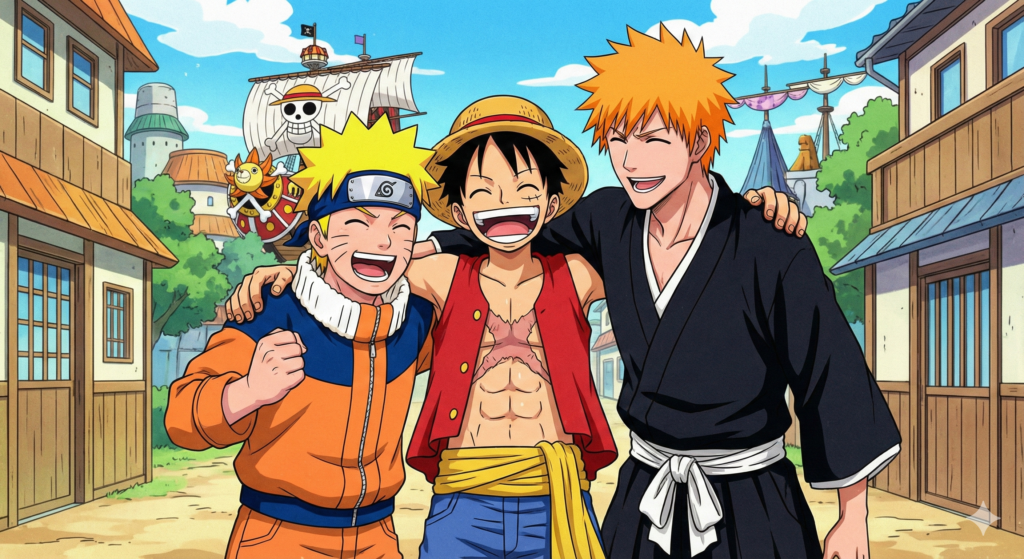 "Ilustração dos personagens Naruto, Monkey D. Luffy e Bleach sorrindo e abraçados em um cenário de cidade animada com navio pirata ao fundo."