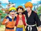 "Ilustração dos personagens Naruto, Monkey D. Luffy e Bleach sorrindo e abraçados em um cenário de cidade animada com navio pirata ao fundo."