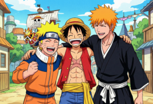 "Ilustração dos personagens Naruto, Monkey D. Luffy e Bleach sorrindo e abraçados em um cenário de cidade animada com navio pirata ao fundo."