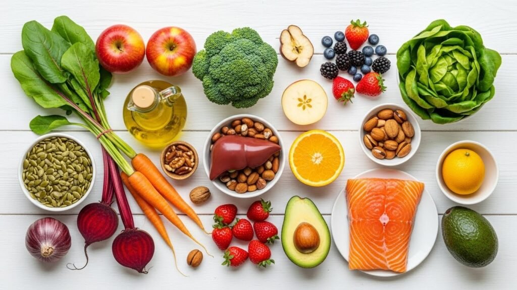 Seleção de alimentos saudáveis: frutas, legumes, verduras, peixes, nozes e sementes dispostos sobre uma superfície branca."