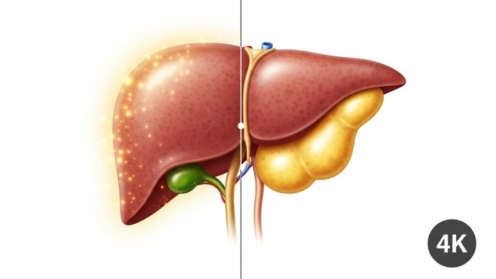 Ilustração comparativa de um fígado saudável (à direita) e um fígado com acúmulo de gordura (à esquerda) em imagem 4K."
