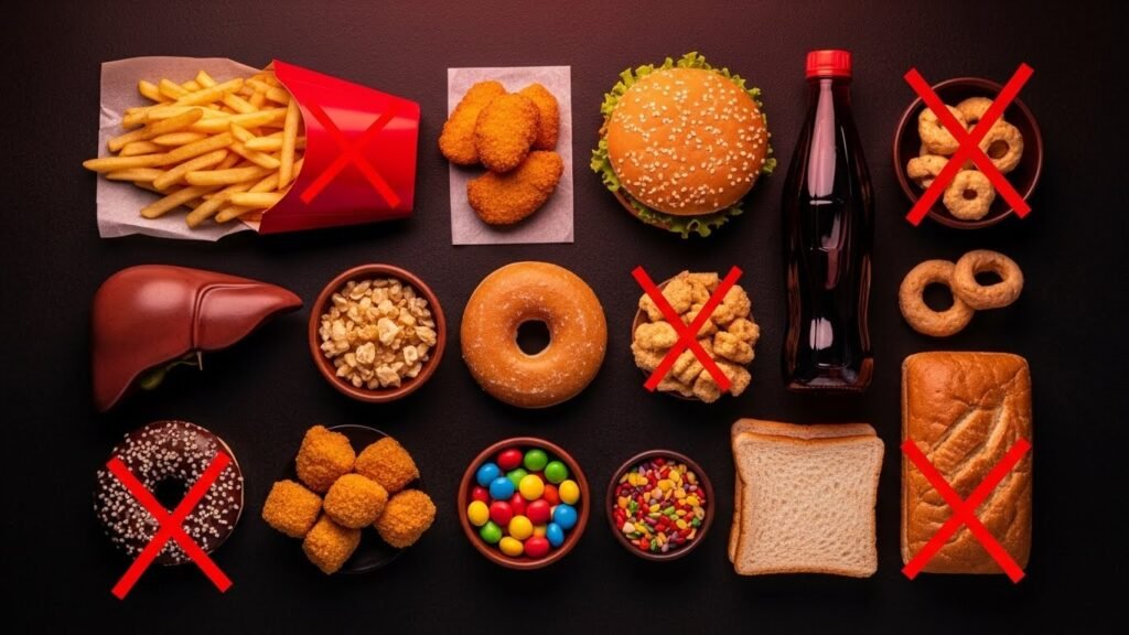"Alimentos prejudiciais ao fígado: ilustração de comida não saudável com marcações em X vermelho, incluindo frituras, doces, refrigerantes e pães brancos."