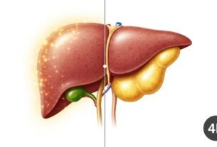 Ilustração comparativa de um fígado saudável (à direita) e um fígado com acúmulo de gordura (à esquerda) em imagem 4K."