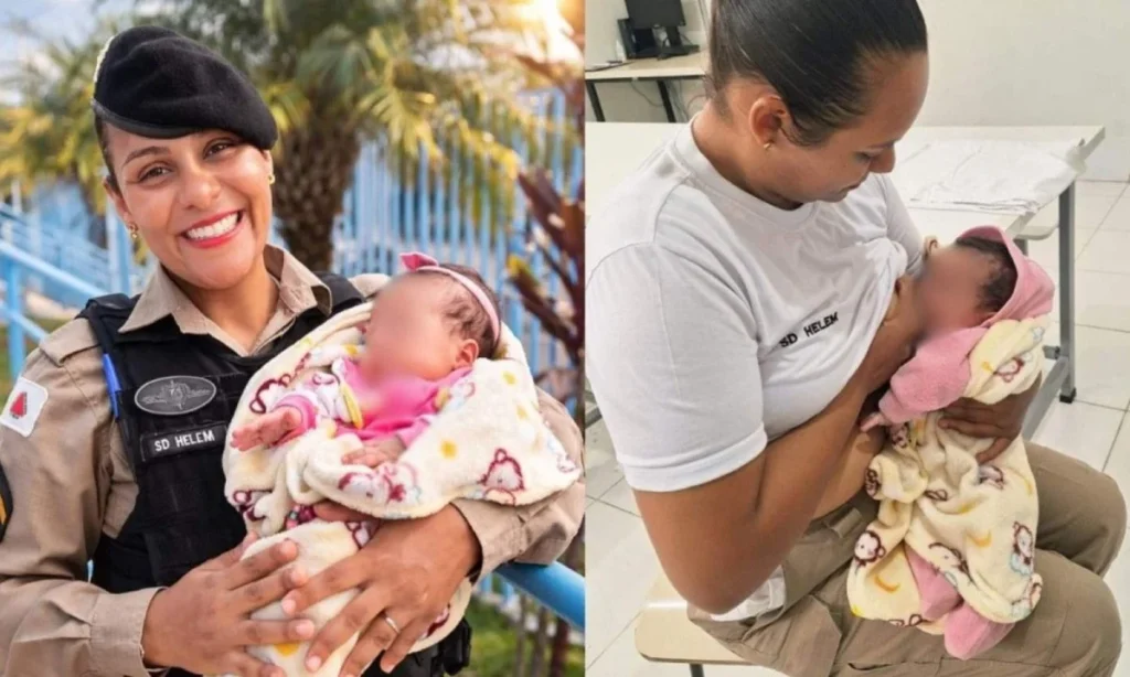"Policial feminina da SD HELEM segurando um bebê envolto em cobertor em duas fotos: uma ao ar livre e outra em ambiente interno."