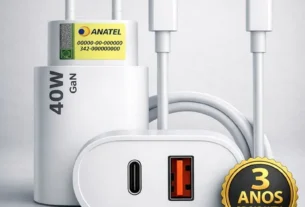 "Carregador de parede 40W com dois cabos: um Lightning e um USB-C, certificação Anatel e garantia de 3 anos."