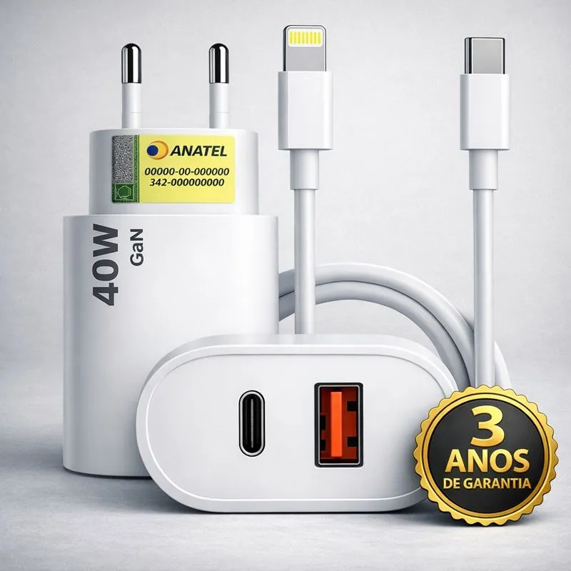 "Carregador de parede 40W com dois cabos: um Lightning e um USB-C, certificação Anatel e garantia de 3 anos."