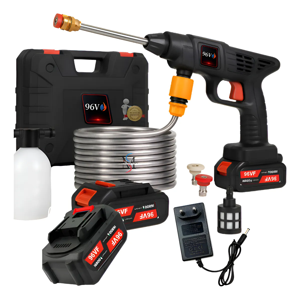 "Lavadora de alta pressão 96V com duas baterias de íon-lítio, mangueira flexível, bicos de jato ajustáveis, carregador e maleta de transporte."