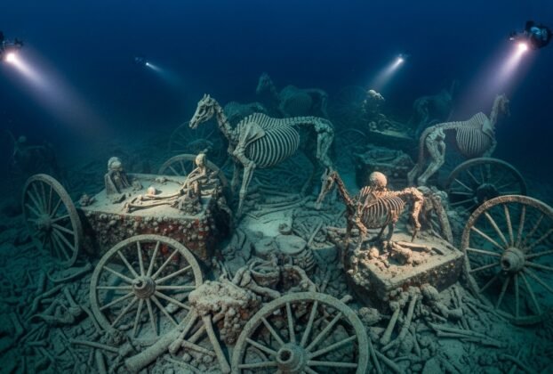 Instalação subaquática artística com esqueletos humanos e de cavalos em carroças afundadas, iluminada por mergulhadores com lanternas."