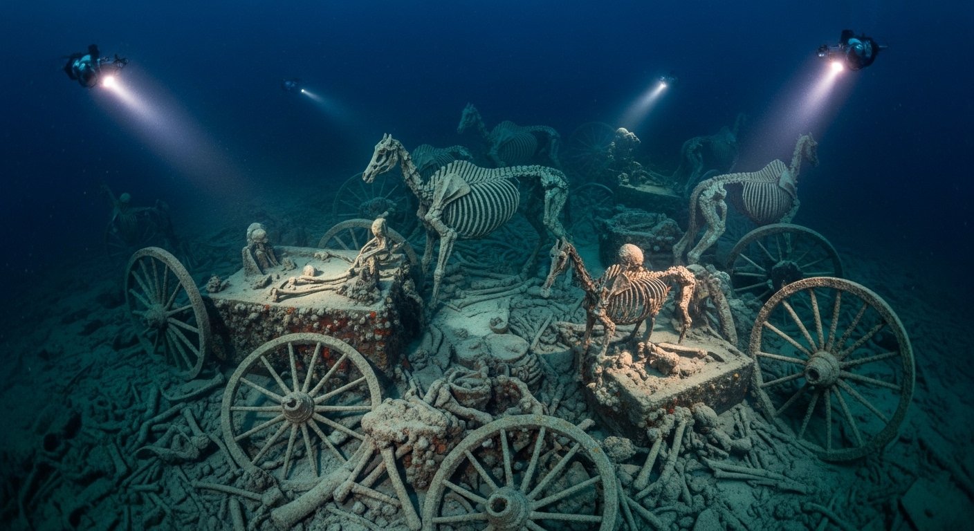 Instalação subaquática artística com esqueletos humanos e de cavalos em carroças afundadas, iluminada por mergulhadores com lanternas."