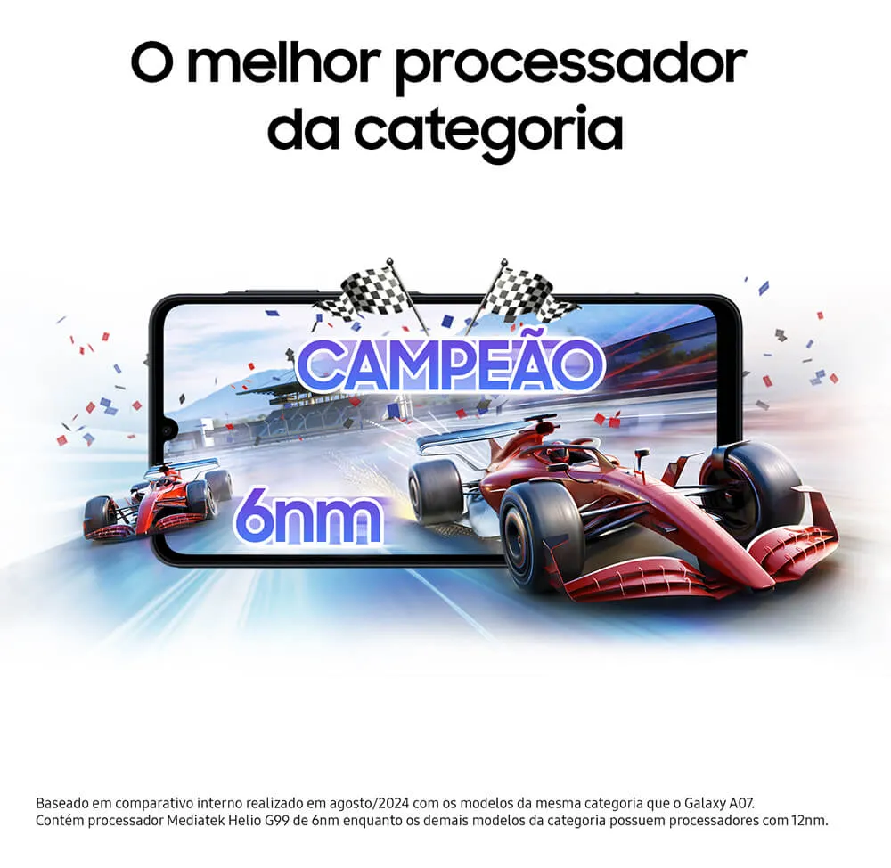 "Smartphone Samsung Galaxy A07 na cor prata, exibindo a tela inicial com o nome do modelo."