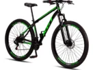 "Bicicleta mountain bike preta e verde com detalhes esportivos, pneus largos HighLevel e suspensão dianteira."
