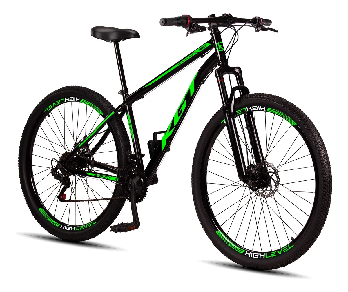 "Bicicleta mountain bike preta e verde com detalhes esportivos, pneus largos HighLevel e suspensão dianteira."